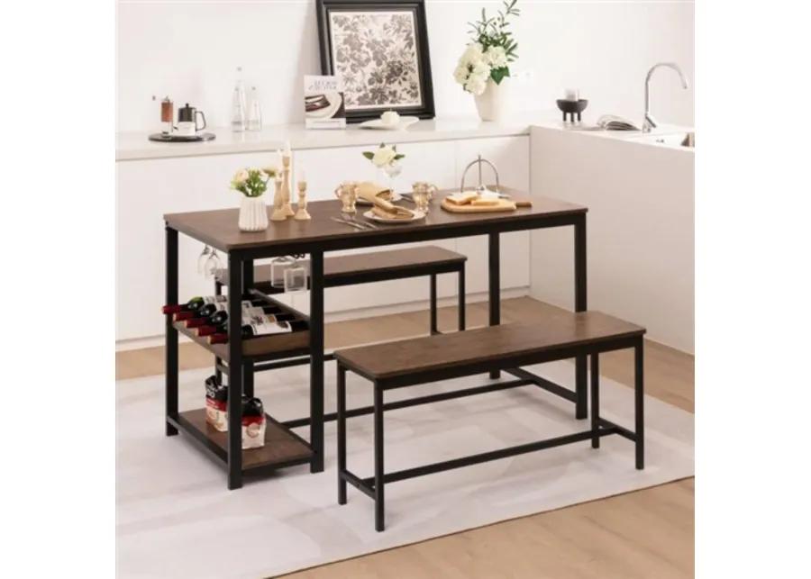 Hivvago Modern Industrial 3 Piece Metal Wood Dining Set with 2 Benches and Wine Rack