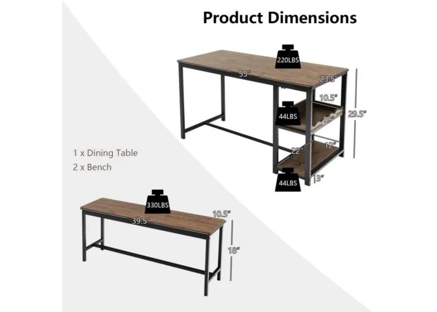 Hivvago Modern Industrial 3 Piece Metal Wood Dining Set with 2 Benches and Wine Rack