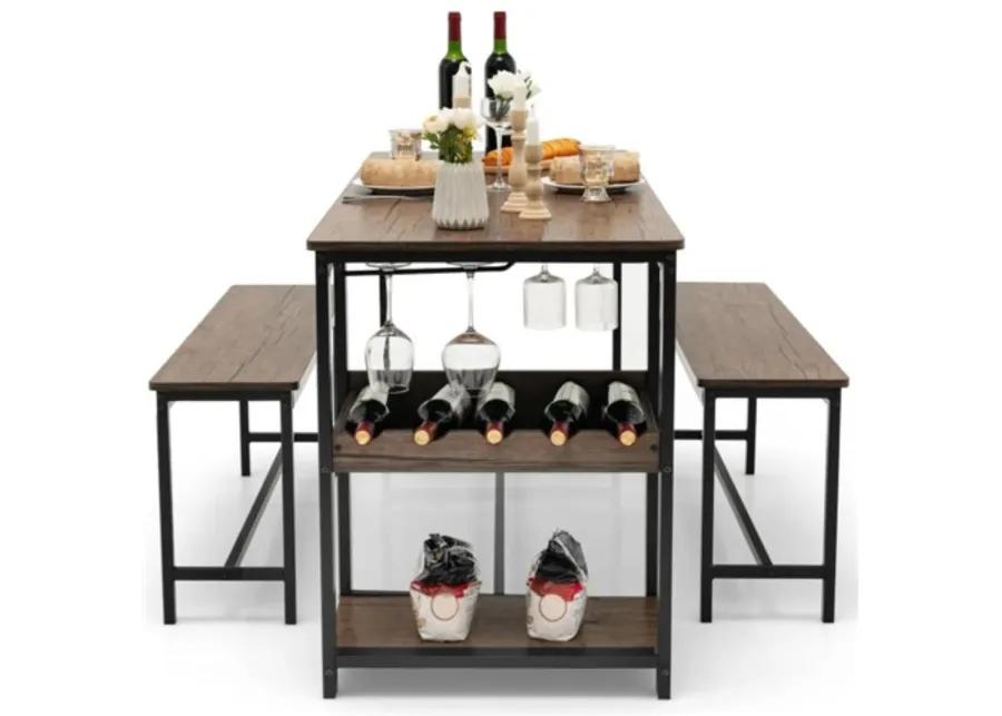 Hivvago Modern Industrial 3 Piece Metal Wood Dining Set with 2 Benches and Wine Rack