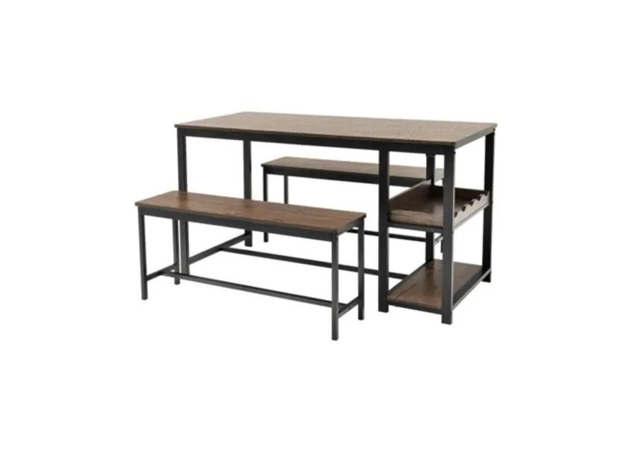 Hivvago Modern Industrial 3 Piece Metal Wood Dining Set with 2 Benches and Wine Rack