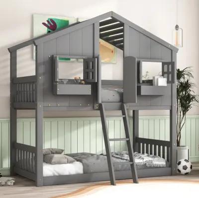 Twin Over Twin House Bunk Bed With Roof, Window, Window Box, Door, With Safety Guardrails