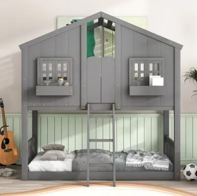 Twin Over Twin House Bunk Bed With Roof, Window, Window Box, Door, With Safety Guardrails