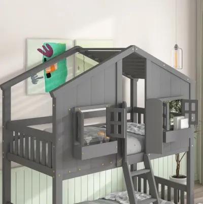 Twin Over Twin House Bunk Bed With Roof, Window, Window Box, Door, With Safety Guardrails