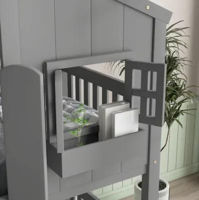 Twin Over Twin House Bunk Bed With Roof, Window, Window Box, Door, With Safety Guardrails