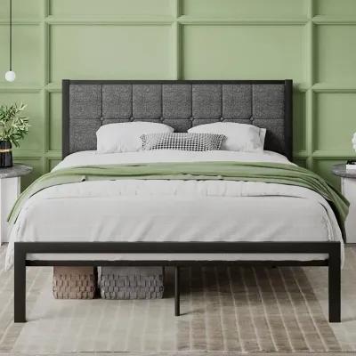 QuikFurn Full Metal Platform Bed Frame with Gray Button Tufted Upholstered Headboard