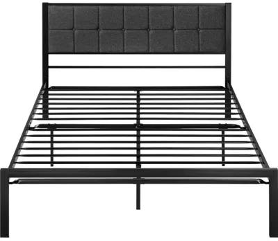 QuikFurn Full Metal Platform Bed Frame with Gray Button Tufted Upholstered Headboard