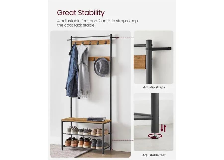 Coat Rack and Shoe Bench with Storage Shelf and Metal Frame