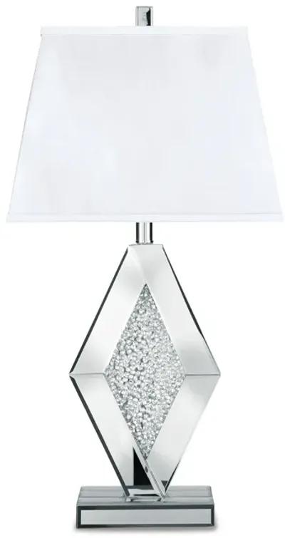 30 Inch Table Lamp, Mirrored Crystal Accent Geometric Base, Chrome, White - Benzara