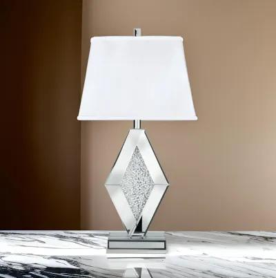 30 Inch Table Lamp, Mirrored Crystal Accent Geometric Base, Chrome, White - Benzara