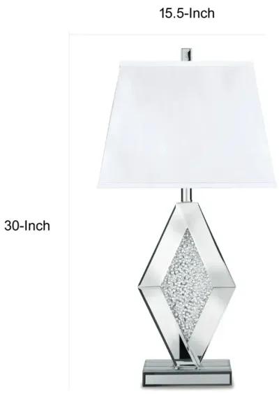 30 Inch Table Lamp, Mirrored Crystal Accent Geometric Base, Chrome, White - Benzara