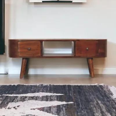 Chestnut Rounded Solid Wood 2 Drawer  Coffee Table with Open Slot