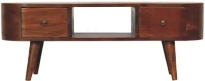 Chestnut Rounded Solid Wood 2 Drawer  Coffee Table with Open Slot