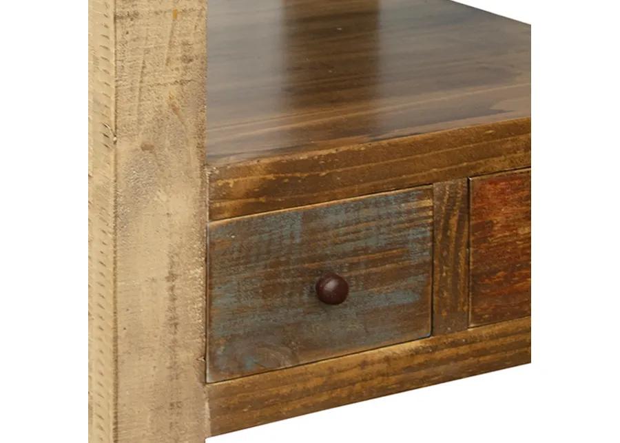 Fena 26 Inch 2 Drawer End Table, Open Shelf, Multicolor Distress Pine Wood-Benzara