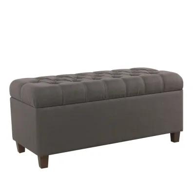 Fabric Upholstered Button Tufted Wooden Bench With Hinged Storage, Dark Gray and Brown - Benzara