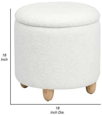 Aia 18 Inch Storage Ottoman, White Faux Sheepskin, Round Rubberwood Feet - Benzara