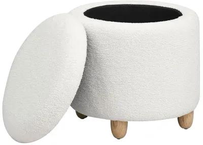 Aia 18 Inch Storage Ottoman, White Faux Sheepskin, Round Rubberwood Feet - Benzara