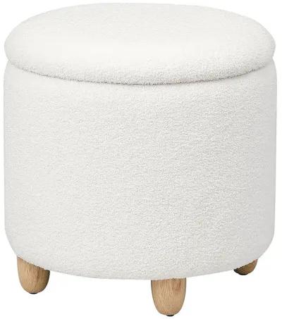 Aia 18 Inch Storage Ottoman, White Faux Sheepskin, Round Rubberwood Feet - Benzara