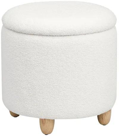 Aia 18 Inch Storage Ottoman, White Faux Sheepskin, Round Rubberwood Feet - Benzara