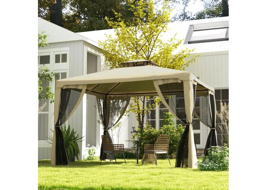 Outsunny 10' x 12' Patio Gazebo Outdoor Canopy Shelter with 2-Tier Roof and Netting, Steel Frame for Garden, Lawn, Backyard and Deck, Taupe