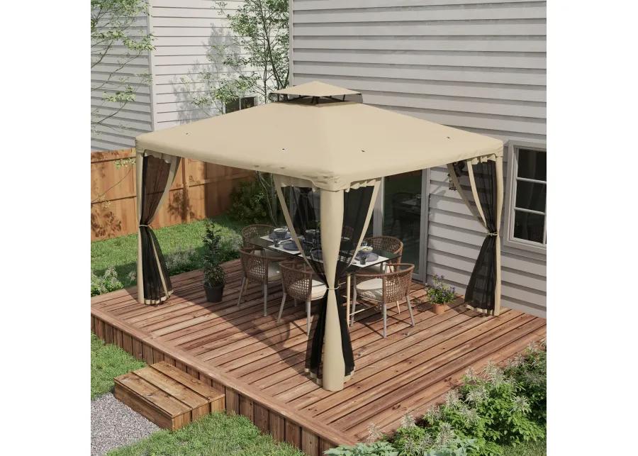 Outsunny 10' x 12' Patio Gazebo Outdoor Canopy Shelter with 2-Tier Roof and Netting, Steel Frame for Garden, Lawn, Backyard and Deck, Taupe