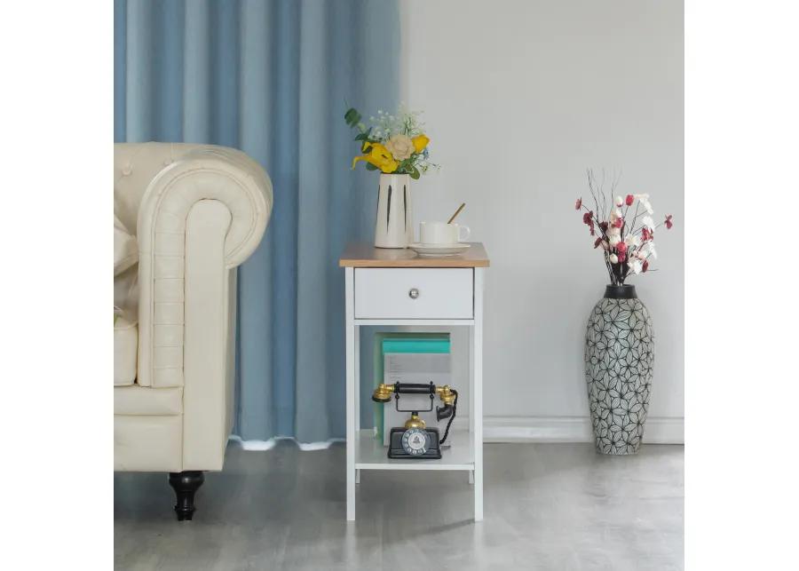 White End or Sofa Side Table With Wooden Drawer and Shelf For Entryway, Living room, and Bedroom