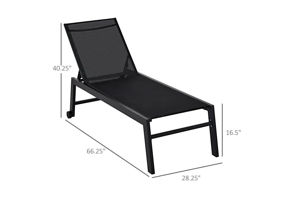 Black Patio Lounger: Chaise Chair with Wheels and Adjustable Back