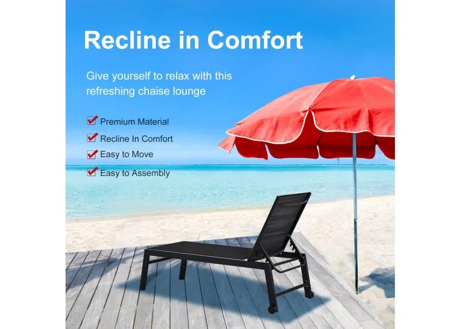 Black Patio Lounger: Chaise Chair with Wheels and Adjustable Back