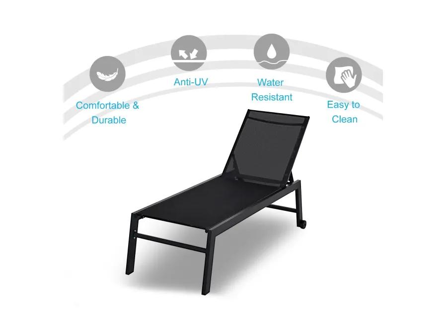 Black Patio Lounger: Chaise Chair with Wheels and Adjustable Back