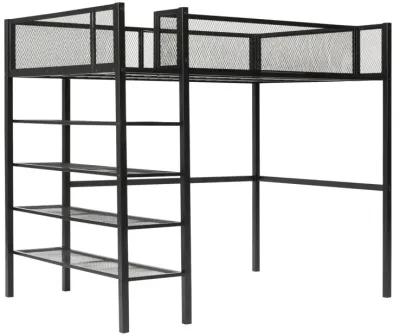 Twin Size Metal Loft Bed With 4 Tier Shelves And Storage