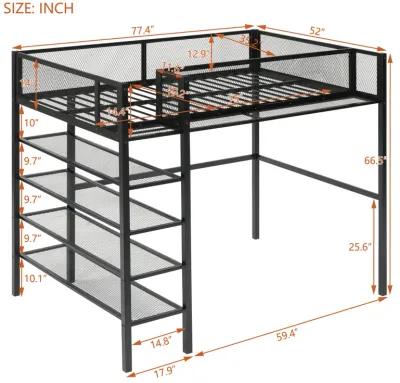 Twin Size Metal Loft Bed With 4 Tier Shelves And Storage