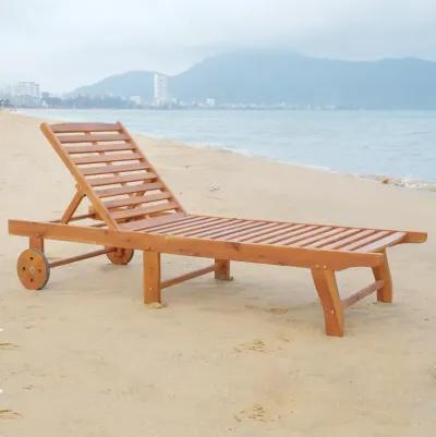 Teak Poolside Lounger: Folding Wooden Chaise with Wheels & Recliner