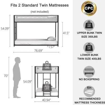 Twin Over Twin Bunk Metal Bed Frame with Mesh Guard Rail, Removable Ladder, Low Loft Bunk for Kids Bedrooms, Easy Assembly, Black