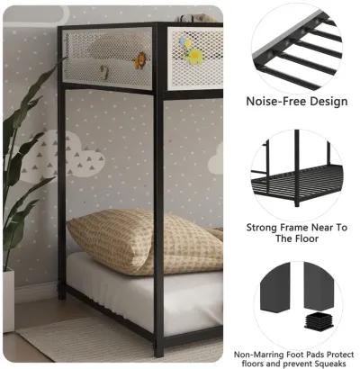 Twin Over Twin Bunk Metal Bed Frame with Mesh Guard Rail, Removable Ladder, Low Loft Bunk for Kids Bedrooms, Easy Assembly, Black