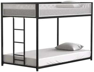 Twin Over Twin Bunk Metal Bed Frame with Mesh Guard Rail, Removable Ladder, Low Loft Bunk for Kids Bedrooms, Easy Assembly, Black