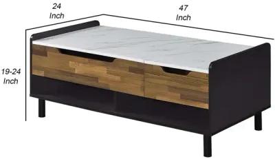 47 Inch Coffee Table, Faux Marble Finished Top, Lift Top, Brown, Black - Benzara