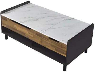 47 Inch Coffee Table, Faux Marble Finished Top, Lift Top, Brown, Black - Benzara