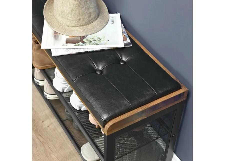 Black Metal Entryway Shoe Rack Storage Bench with Padded Seat Cushion