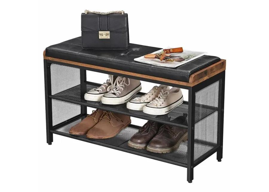 Black Metal Entryway Shoe Rack Storage Bench with Padded Seat Cushion