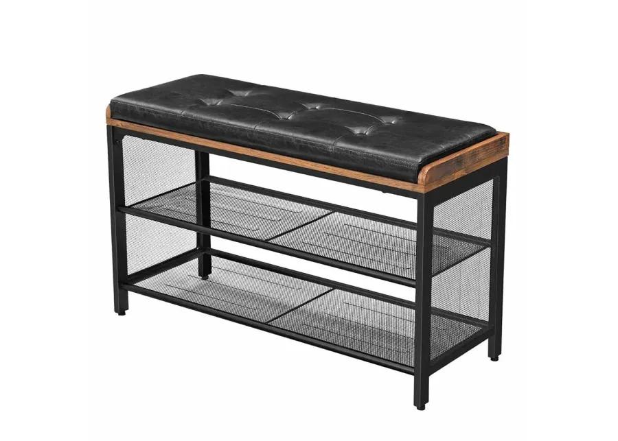 Black Metal Entryway Shoe Rack Storage Bench with Padded Seat Cushion