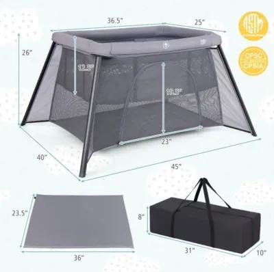 2-in-1 Portable Baby Playpen with Safety Enclosure and Padded Mattress-Dark Gray