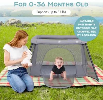 2-in-1 Portable Baby Playpen with Safety Enclosure and Padded Mattress-Dark Gray