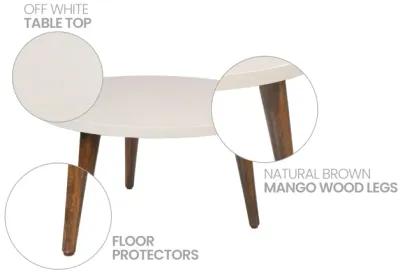 24 Inch Modern Coffee Table, Round Off White MDF Top, Tapered Brown Mango Wood Legs-Benzara