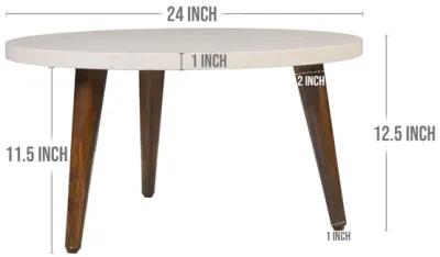 24 Inch Modern Coffee Table, Round Off White MDF Top, Tapered Brown Mango Wood Legs-Benzara