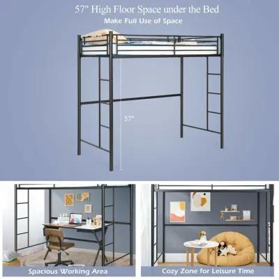 Twin Loft Bed Frame with Dual Ladders and Full-Length Guardrail for Enhanced Safety