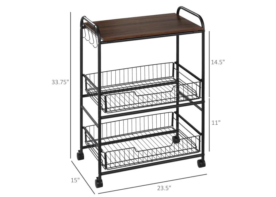 24" 3-Tier Utility Kitchen Cart Rolling Serving Trolley w/ 2 Storage Shelves