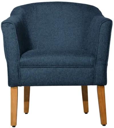 Fabric Upholstered Wooden Accent Chair with Curved Back, Blue and Brown - Benzara