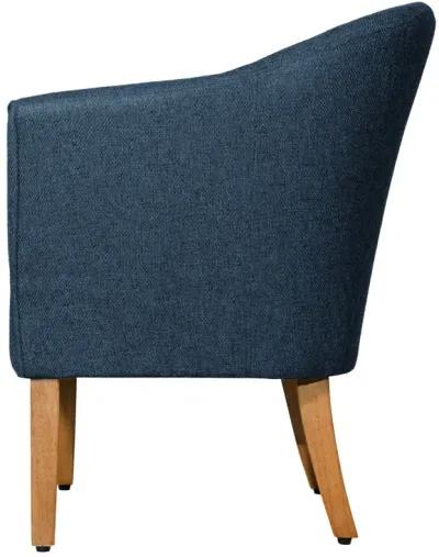 Fabric Upholstered Wooden Accent Chair with Curved Back, Blue and Brown - Benzara