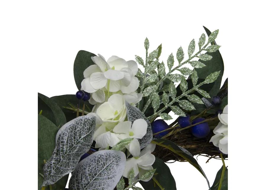 Iced Hydrangeas  Blueberries  and Foliage Artificial Christmas Wreath - 26 Inch  Unlit