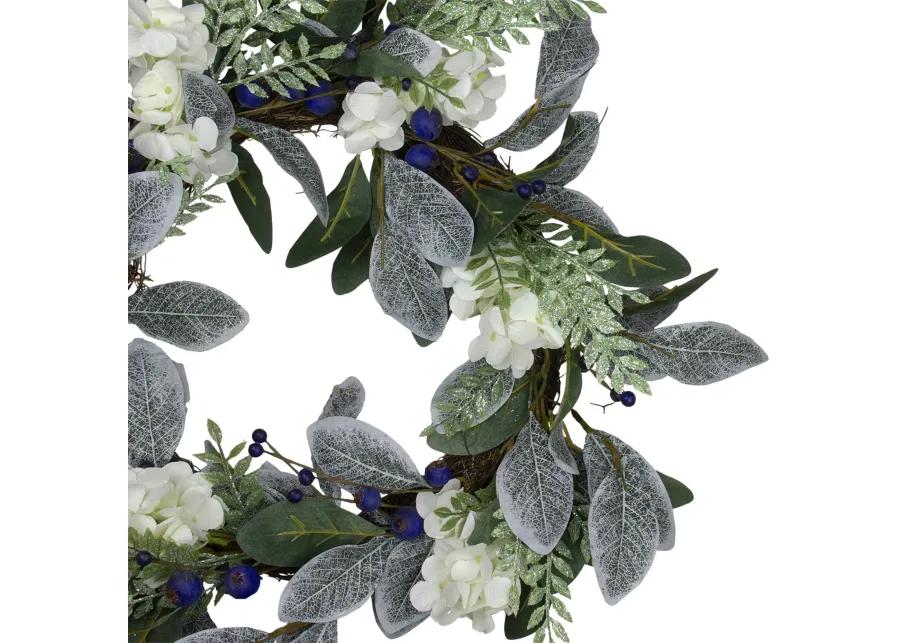 Iced Hydrangeas  Blueberries  and Foliage Artificial Christmas Wreath - 26 Inch  Unlit