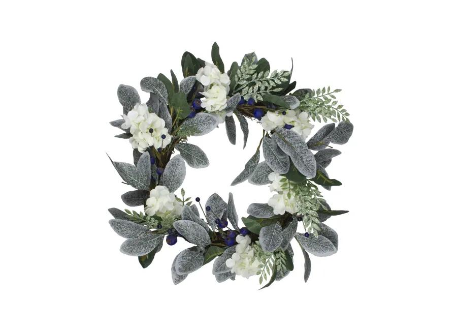 Iced Hydrangeas  Blueberries  and Foliage Artificial Christmas Wreath - 26 Inch  Unlit